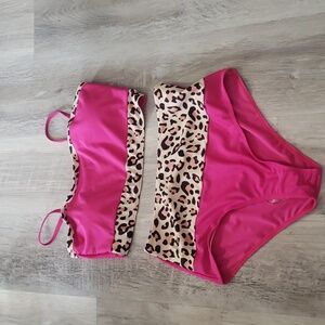 Pink womens 2 Piece swim Suit with cheetah print high waist Xlarge NEW